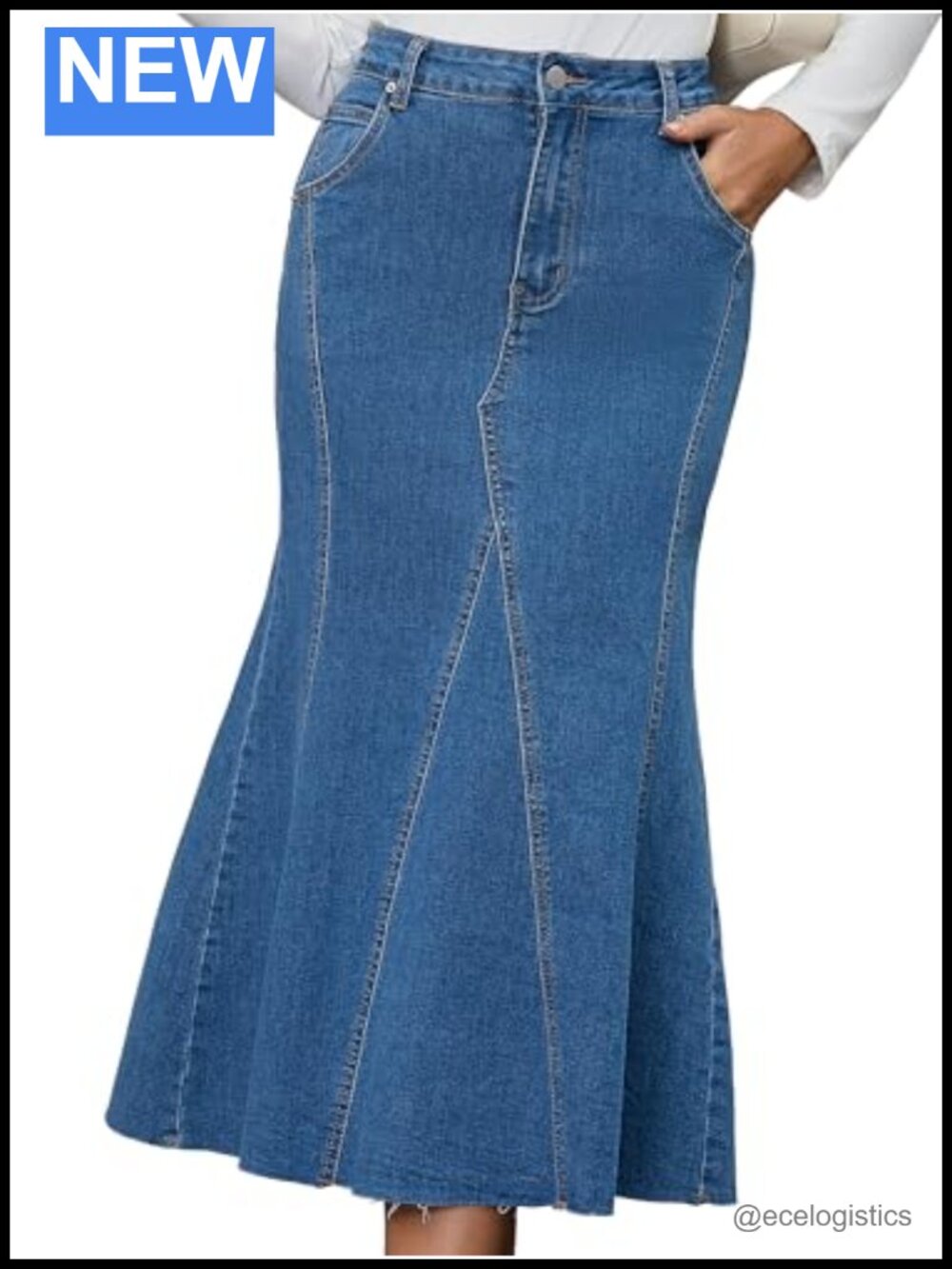 Women's High Waisted Fishtail Denim Maxi Skirt with Pockets